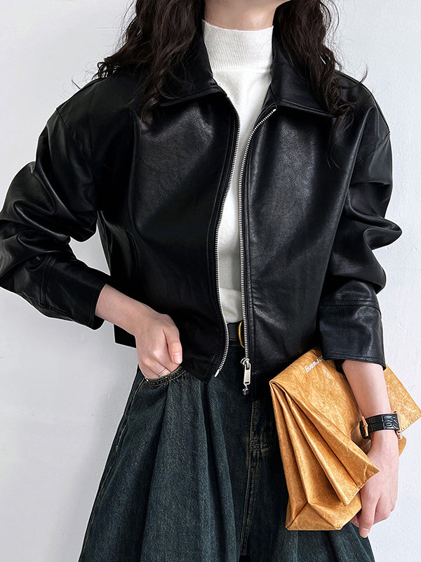 xakxx Long Sleeves Loose Solid Color Zipper Lapel Collar Jackets&Coats Outerwear