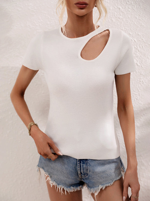 xakxx Short Sleeves Skinny Asymmetric Hollow Solid Color Round-neck T-Shirts Tops