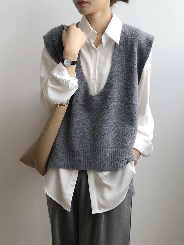 xakxx Knitting Irregularity Solid V-Neck Vest