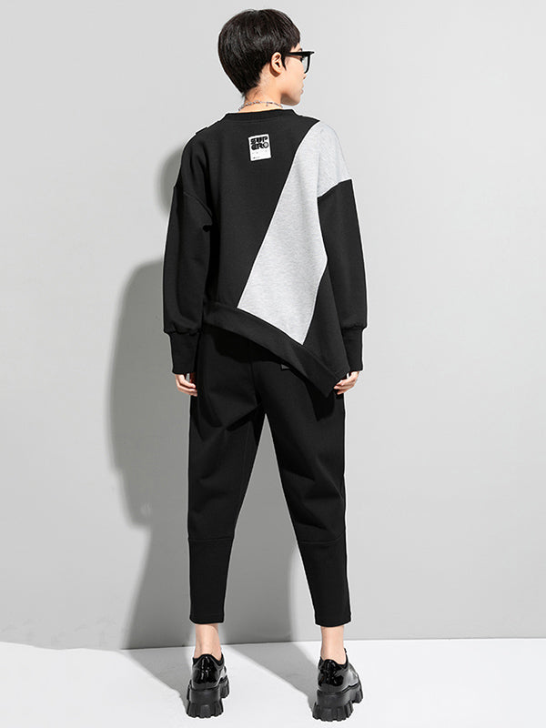 xakxx Stylish Black&Gray Asymmetric Contrast Color Long Sleeves Round-Neck T-Shirt