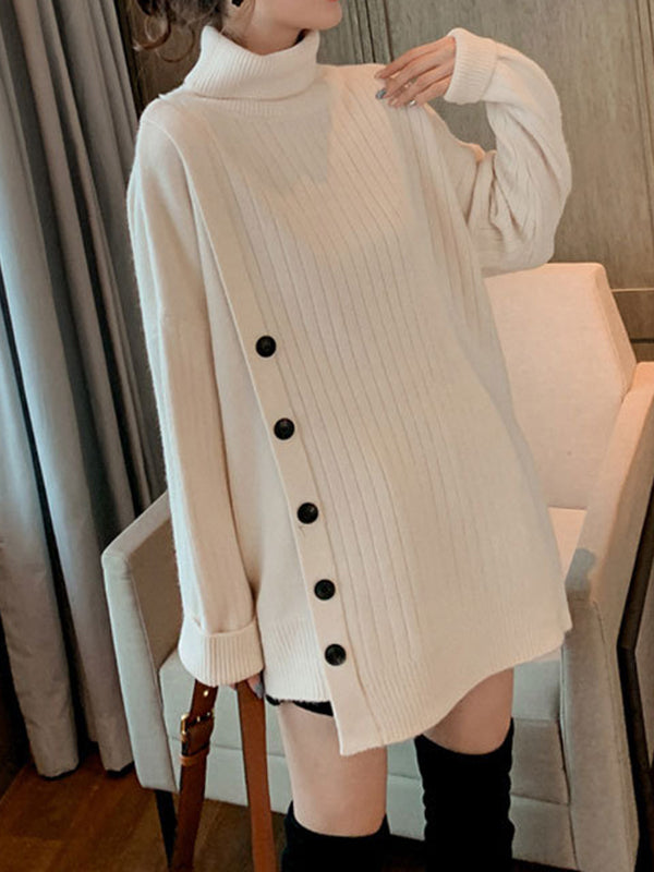 xakxx High-Low Long Sleeves Asymmetric Buttoned High-Neck Knitwear Pullovers Sweater Tops