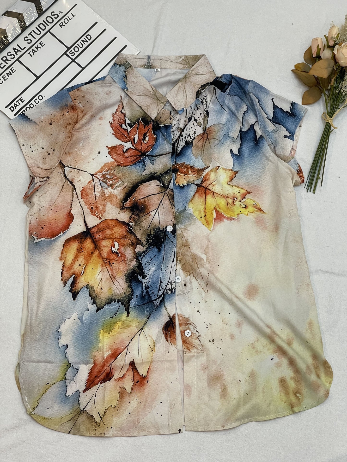 Plus Size Casual Blouse, Women's Plus Leaf Print Cap Sleeve Turn Down Collar Blouse