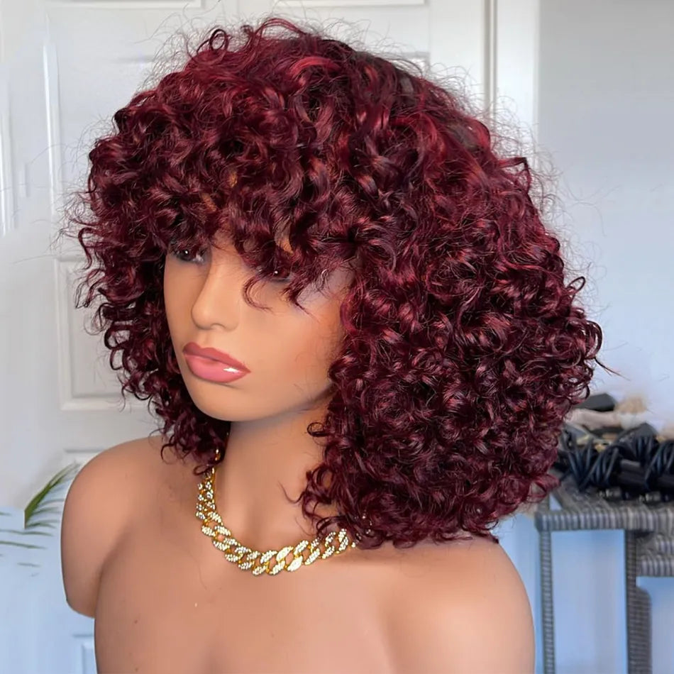 Brazilian Glueless Short Kinky Curly Wigs with Bangs 99J Red Burgundy Color 200 Density Afro Curly Bob Cut Full Lace Front Simulation Human Hair Wig