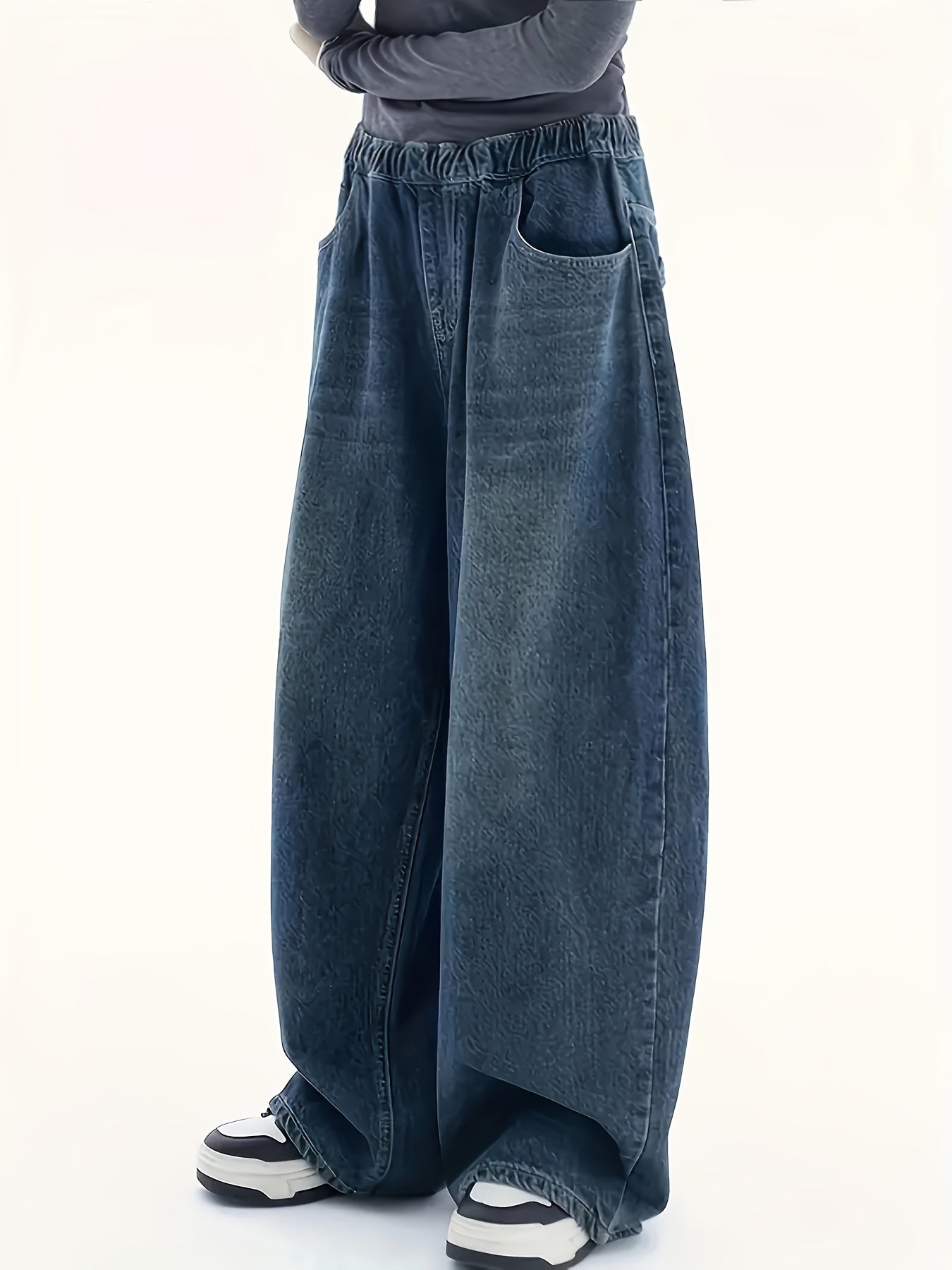 Fashion-Forward Womens Wide Leg Denim Jeans - Elastic Comfort Waistband, Relaxed Fit, Trendy Slash Pockets, Distressed Washed Blue with Whiskers - Hip Pop Street Style Pants for Effortless Chic