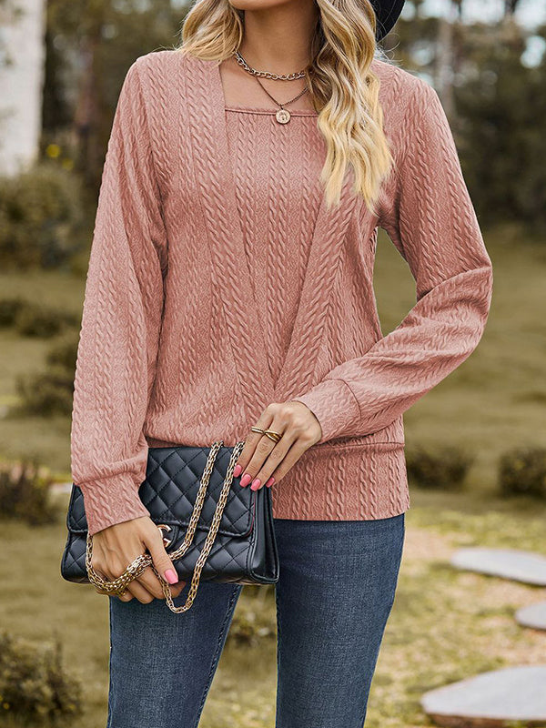 xakxx Long Sleeves Loose Colorful Solid Color Square-Neck T-Shirts Tops