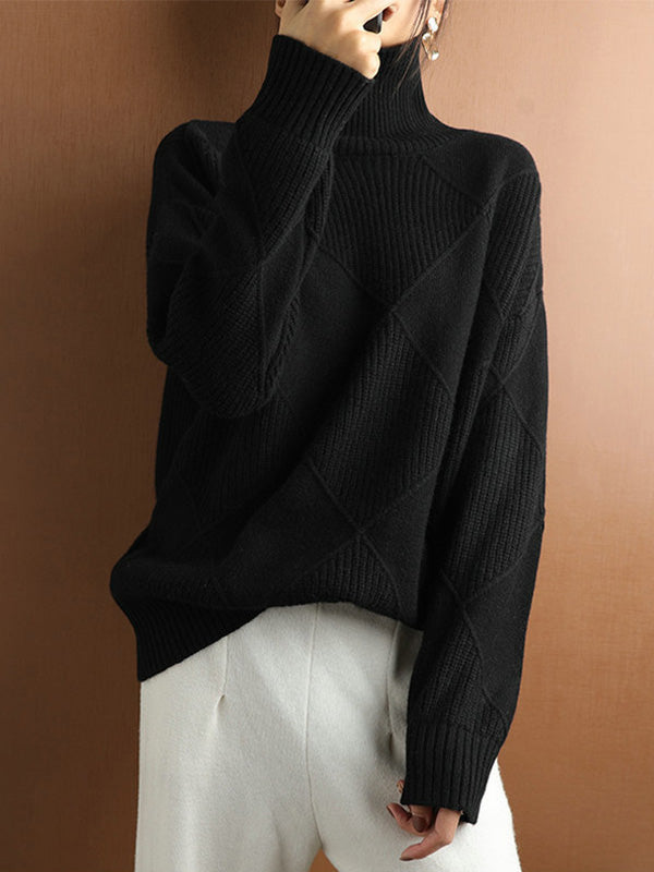 xakxx Casual Loose Solid Color Striped High-Neck Long Sleeves Sweater Tops