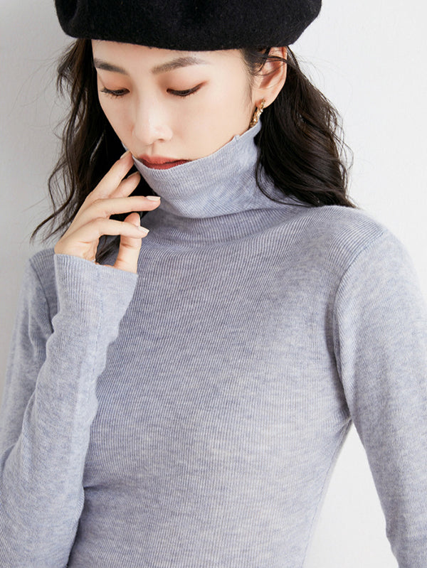 xakxx Simple Skinny Long Sleeves Solid Color High-Neck Sweater Tops Pullovers
