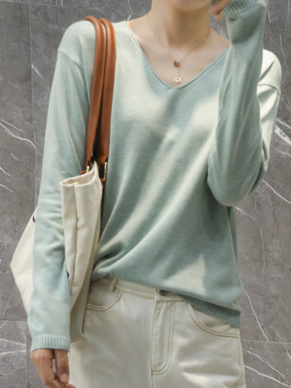 xakxx Simple Solid Color V-Neck Long Sleeve Knitwear Tops
