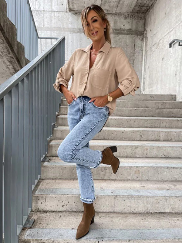xakxx Trendy Long Sleeves Solid Color Lapel Collar Blouses