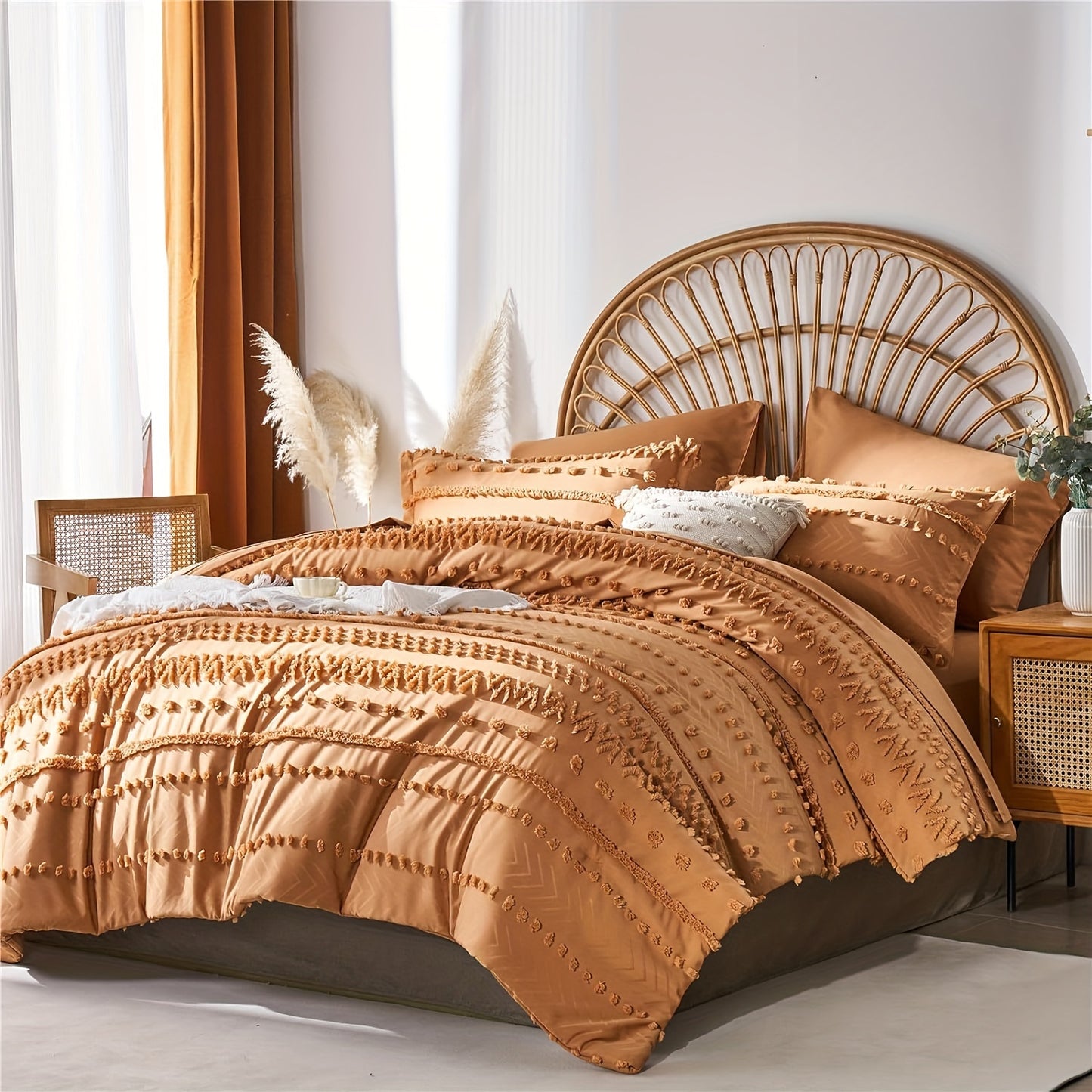 7-Piece Luxurious Tufted Boho Chic Comforter Set - Soft, Lightweight, Microfiber Bedding with Hypoallergenic Filling for Queen and King Size Beds - Perfect for All Seasons, Easy Care, and Breathable