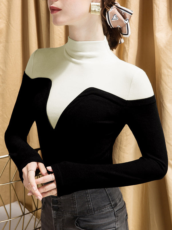 xakxx Vintage Contrast Color High-Neck Long Sleeves Pullover
