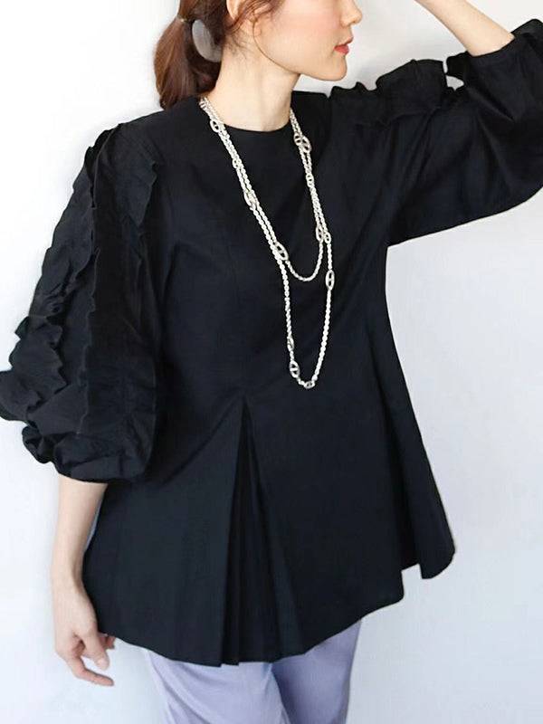 xakxx Trendy Tops Loose Puff Sleeves Plaid Agaric Laces Falbala Round-Neck Blouses