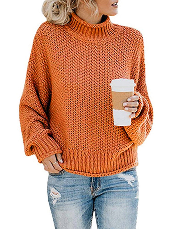 xakxx Casual Long Sleeves Solid Color High-Neck Sweater Tops