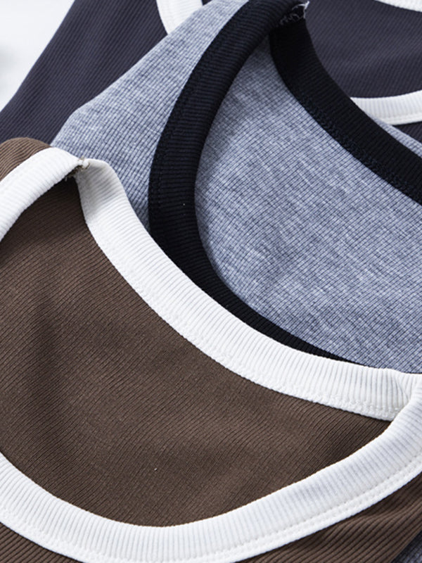 xakxx Short Sleeves Skinny Contrast Color Round-Neck T-Shirts