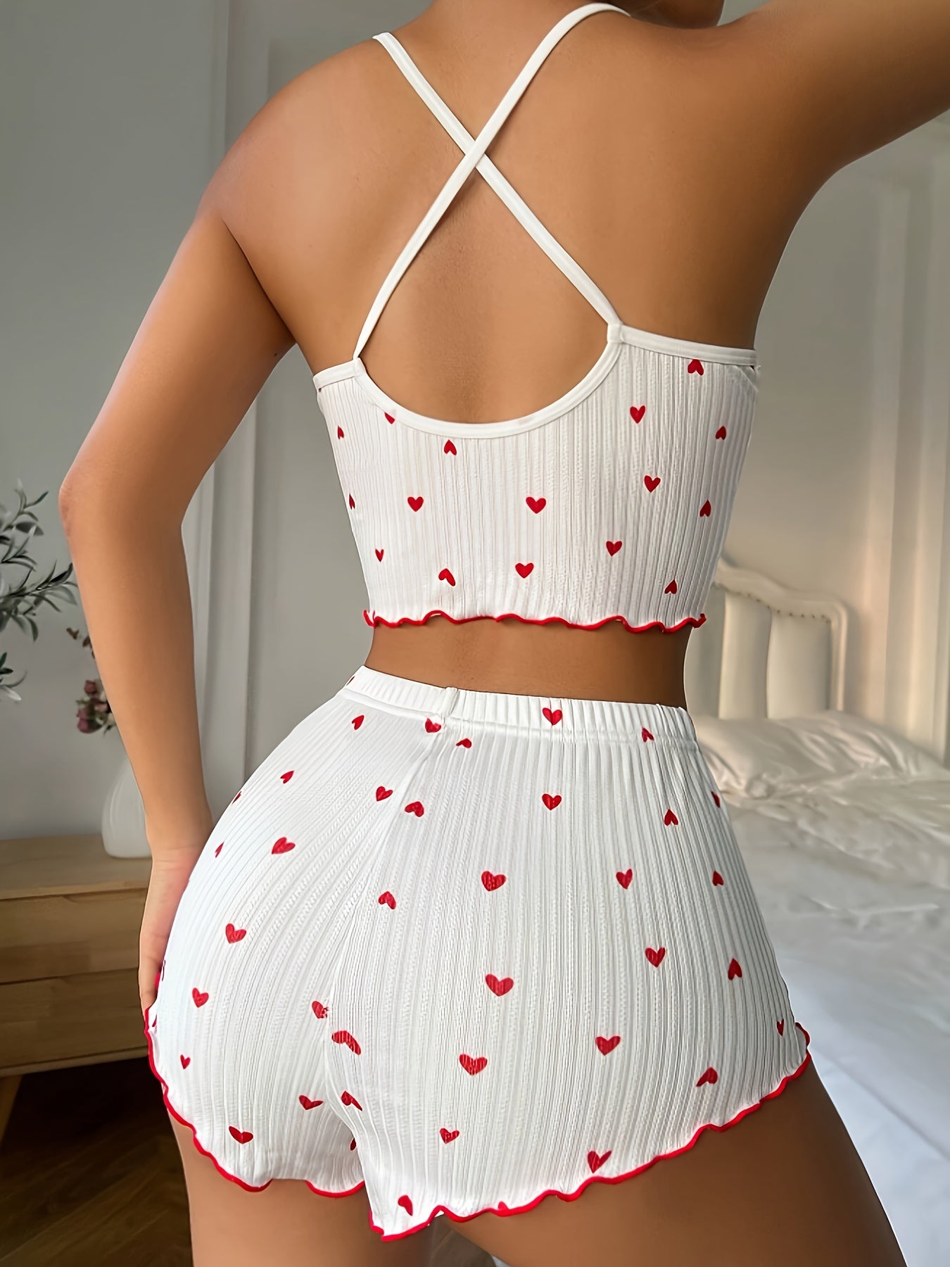 Romantic Heart Print Pajama Set - Soft Ribbed Fabric with Flirty Frill Trim, Bow Detail Notched Cami & Elastic Shorts, Chic Cross-Strappy Backless Top - Womens Stylish Sleepwear for Sweet Dreams