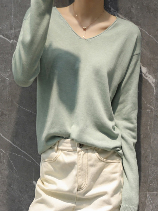 xakxx Simple Solid Color V-Neck Long Sleeve Knitwear Tops