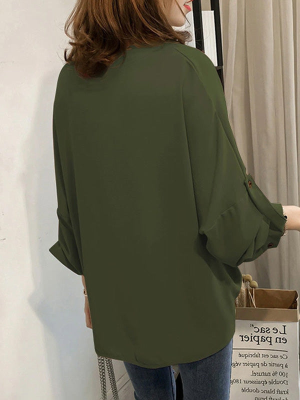 xakxx Casual Long Sleeves Loose Solid Color V-Neck Blouses&Shirts Tops