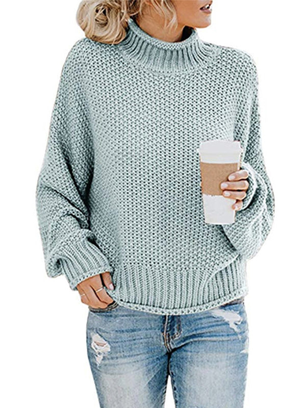 xakxx Casual Long Sleeves Solid Color High-Neck Sweater Tops