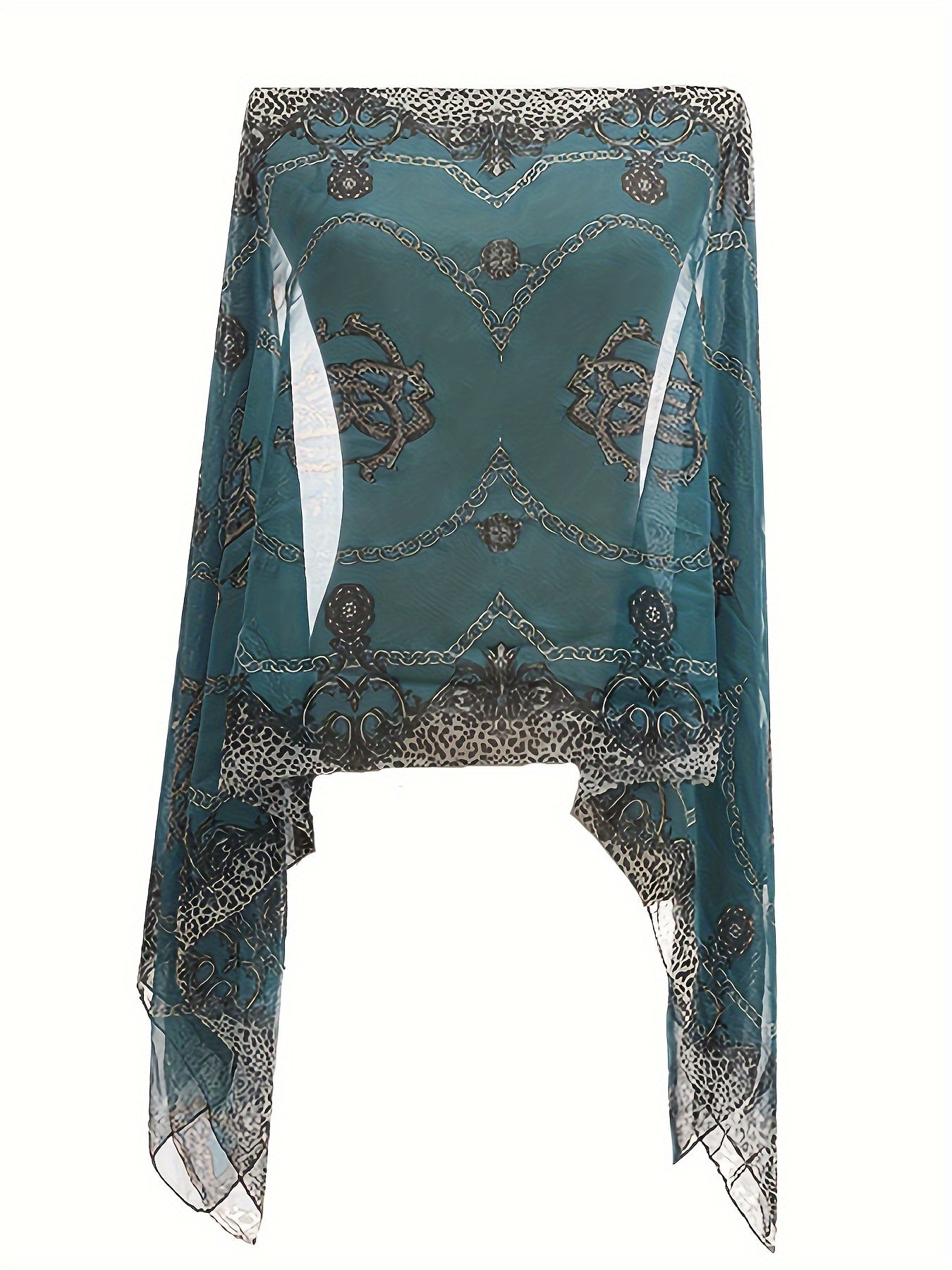 Plus Size Elegant V Neck Shawl Top - Long Sleeve, Semi-Sheer, Positioning Printed, Middle East Style, Woven Polyester Blouse for Spring, Summer, and Fall - Chic Womens Clothing for Curvy Figures