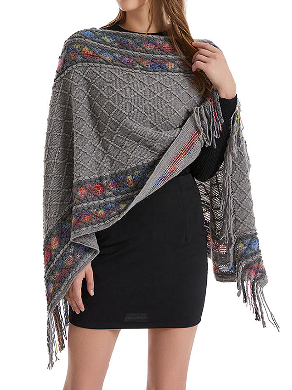 xakxx Loose Asymmetric Tasseled V-Neck Cape Shawl&Cloak
