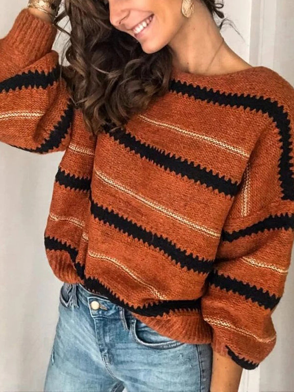 xakxx Long Sleeves Loose Striped Round-Neck Knitwear Pullovers Sweater Tops