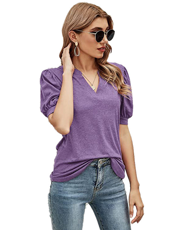 xakxx Simple Solid Color V-Neck Puff Sleeves T-Shirt Top