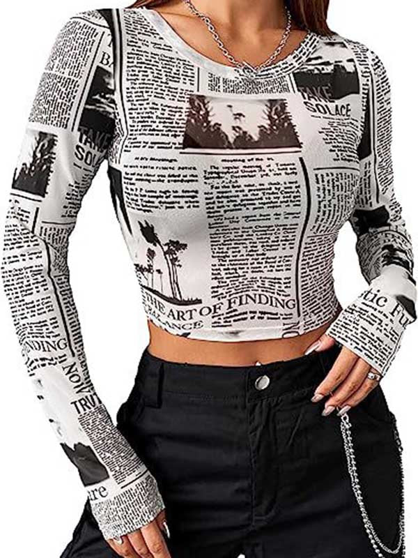 xakxx Long Sleeves Skinny Letter Print Round-Neck T-Shirts Tops