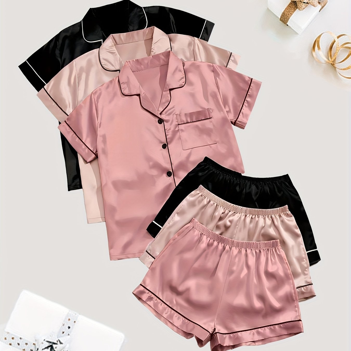 3-Pack Solid Satin Womens Pajama Set - Lightweight & Soft Short Sleeve Lapel Tops with Elastic Shorts - Stylish Sleepwear for Casual Lounging, Comfy Nighttime Elegance