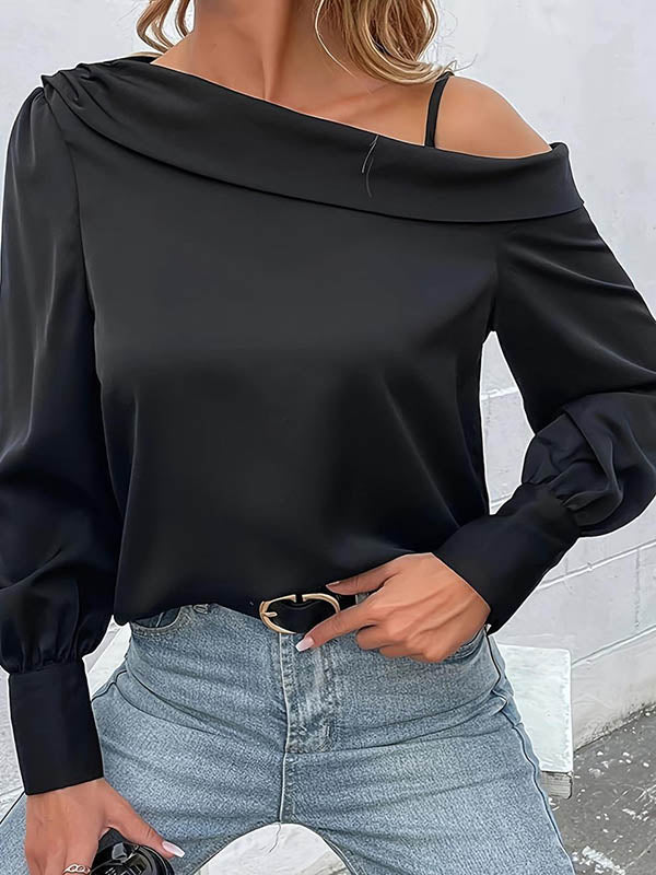 xakxx Long Sleeves Loose Asymmetric Solid Color One-Shoulder T-Shirts Tops