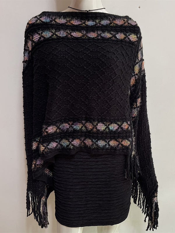 xakxx Loose Asymmetric Tasseled V-Neck Cape Shawl&Cloak