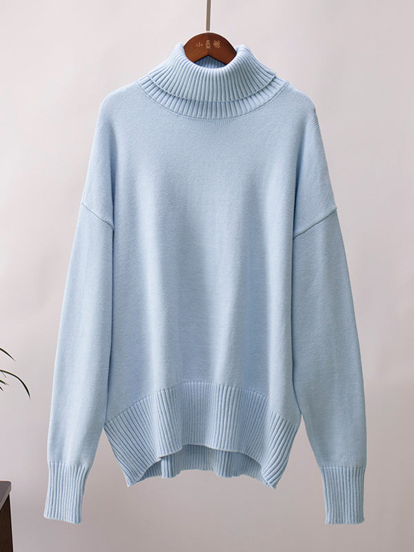 xakxx Long Sleeves Loose Solid Color High Neck Knitwear Pullovers Sweater Tops