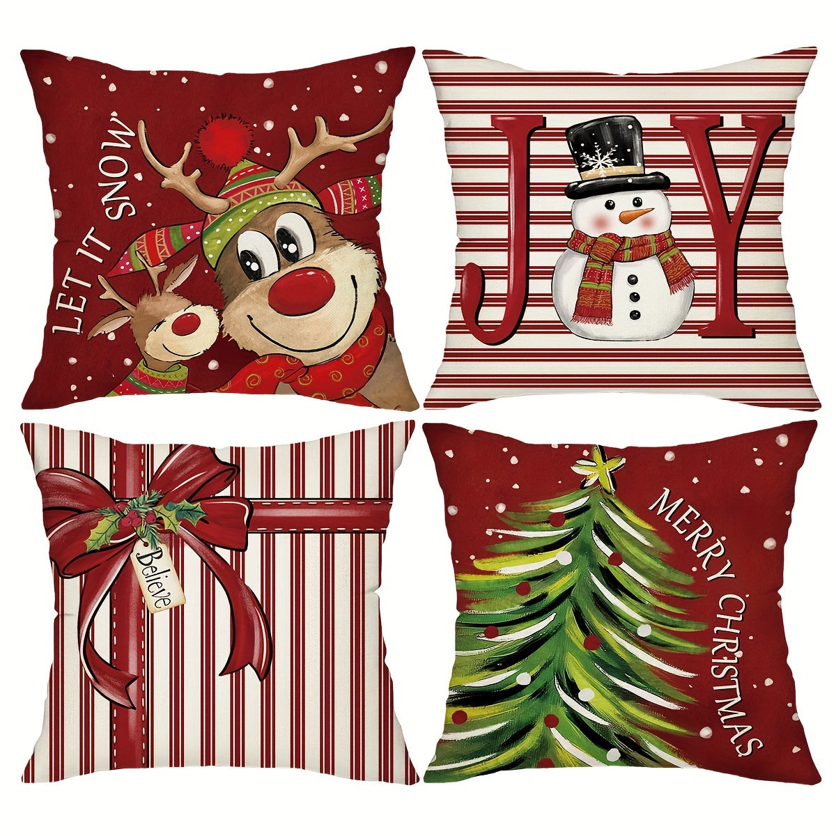 4pcs, Merry Christmas Throw Pillow Covers, Cute Reindeer Snowman Xmas Tree Stripes Print Cushion Covers, 18in*18in, Winter Holiday Farmhouse Home Decor Pillowcases, For Porch Patio Couch Sofa Living Room Outdoor, Set Of 4, Without Pillow Inserts