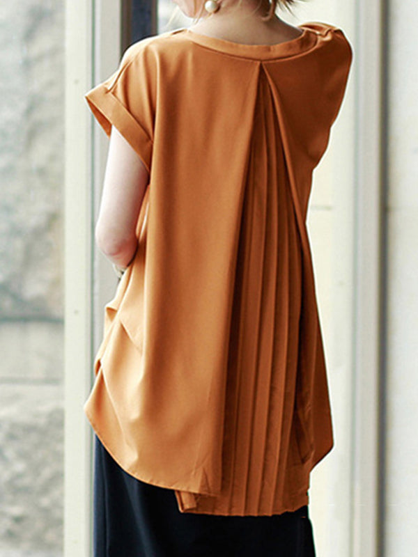 xakxx Loose Short Sleeves Back Pleated Solid Color Round-Neck T-Shirts Tops