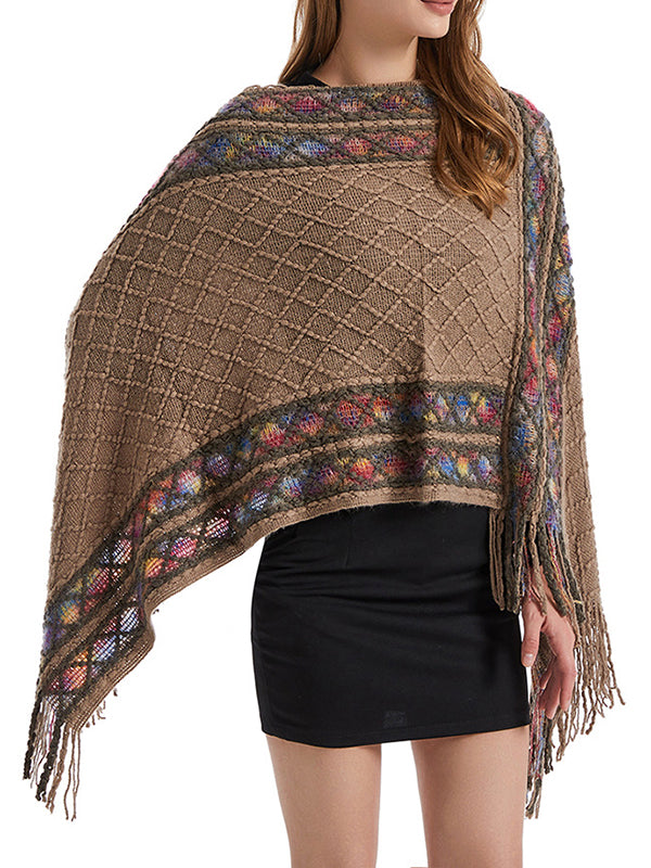 xakxx Loose Asymmetric Tasseled V-Neck Cape Shawl&Cloak