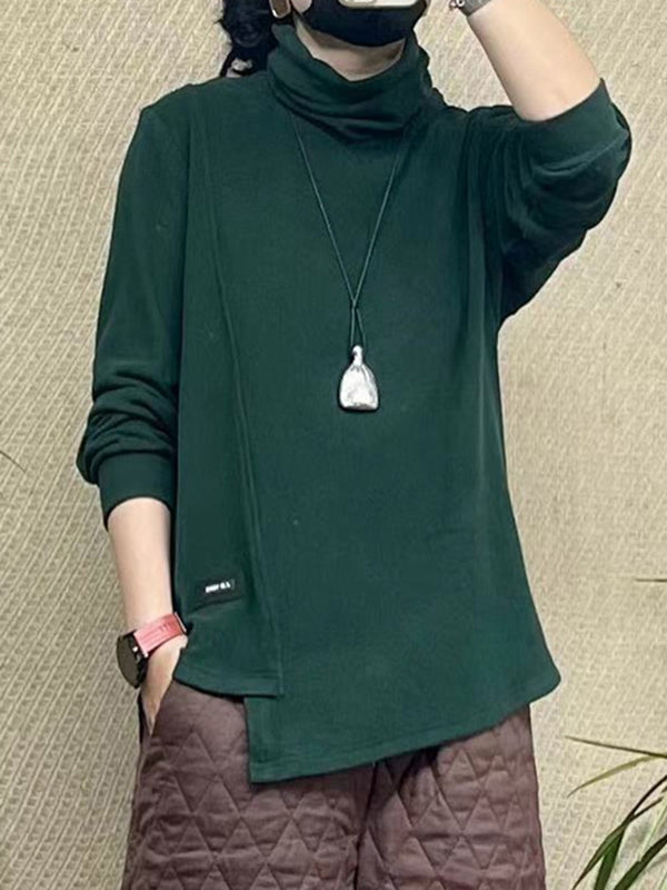 xakxx Long Sleeves Loose Asymmetric Solid Color High Neck T-Shirts Tops