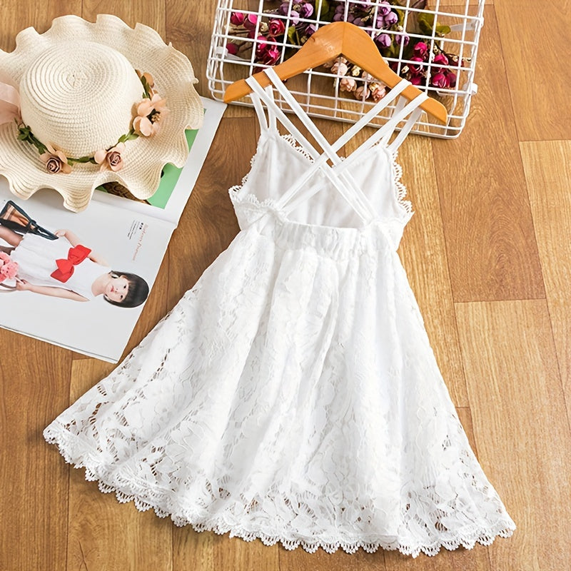 Girls Chic Slingback Lace Suspender Dress - Backless, Non-Stretch Polycotton Fabric, Solid Color, Regular Fit, Perfect for Summer Daily Fashion and Party Princess Occasions