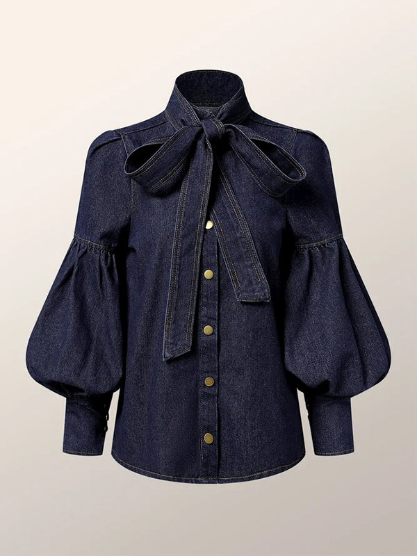 xakxx Long Sleeves Puff Sleeves Bow-Embellished Buttoned Split-Joint Tied High Neck Blouses&Shirts Tops