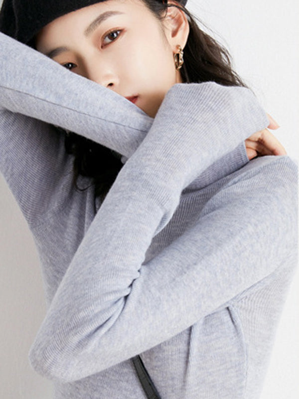 xakxx Simple Skinny Long Sleeves Solid Color High-Neck Sweater Tops Pullovers