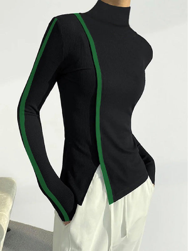 xakxx Urban Long Sleeves Skinny Contrast Color Split-Side High-Neck T-Shirts Tops