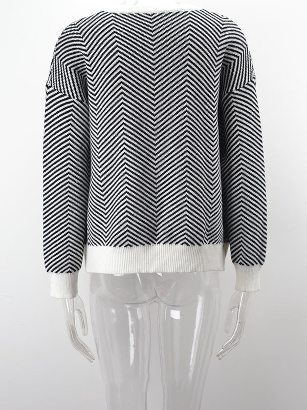 xakxx Long Sleeves Loose Striped Round-Neck Knitwear Pullovers Sweater Tops