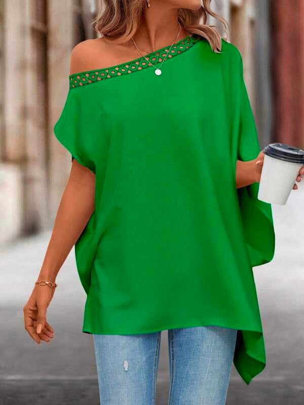 xakxx Batwing Sleeves Asymmetric Hollow Solid Color One-Shoulder Blouses&Shirts Tops