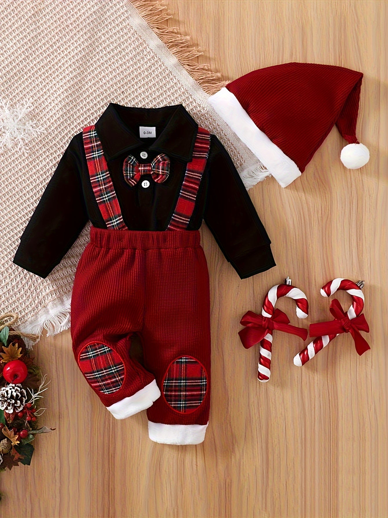 Targeted Development Of 3pcs Christmas Baby Boy Button Open Chest Decoration Bow Tie Long Sleeved Jumpsuit&waffle Fur Patchwork Shoulder Strap Pants&Christmas Hat Set