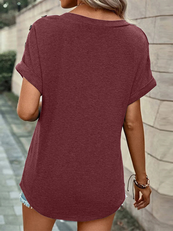xakxx Loose Short Sleeves Buttoned Solid Color V-Neck T-Shirts Tops