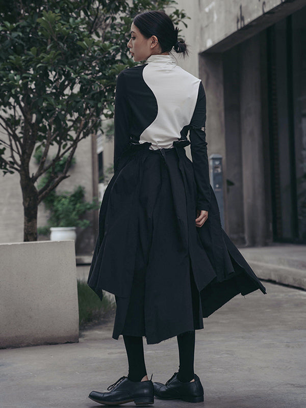 xakxx Urban Skinny Long Sleeves Contrast Color Asymmetric Split-Joint High-Neck T-Shirts Tops