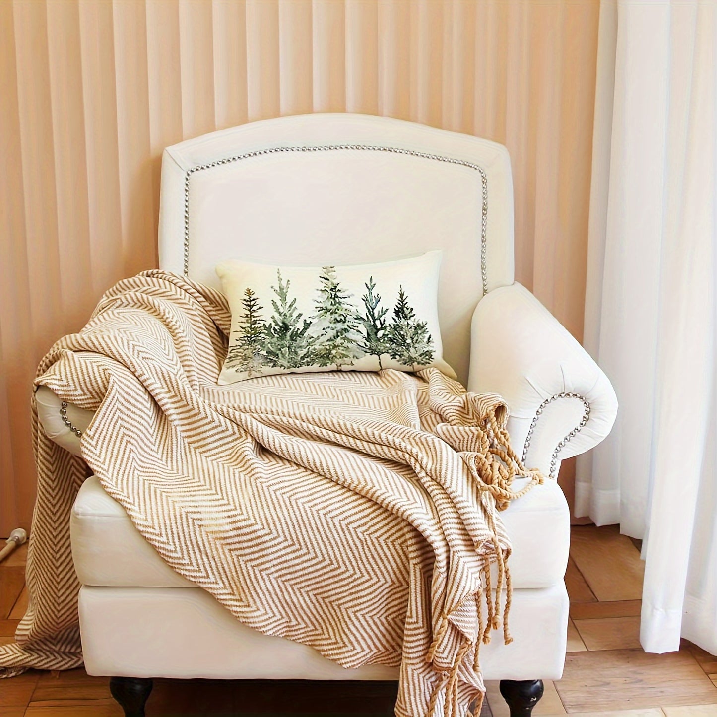 1pc Linen Christmas Winter Trees Lumbar Throw Pillow Cover - Vibrant Xmas Winter Holiday Party Decoration for Sofa Couch, Single Side, No Pillow Core, 12 x 20 Inch