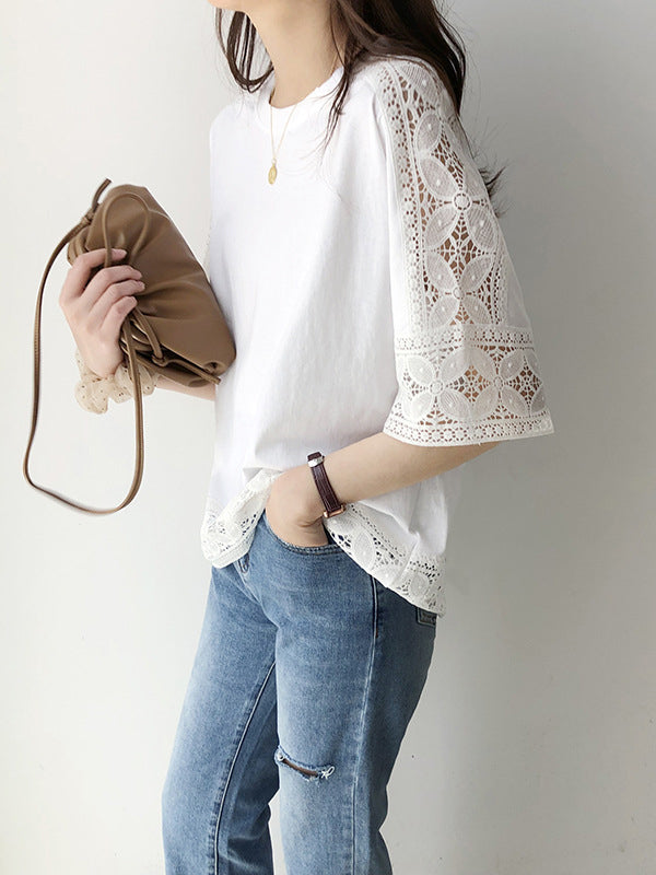 xakxx Half Sleeves Loose Hollow Solid Color Split-Joint Round-Neck T-Shirts Tops