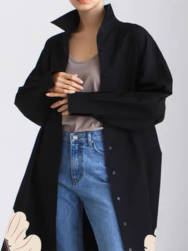 xakxx Long Sleeves Loose Buttoned Floral Printed Lapel Collar Outerwear