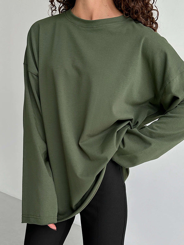 xakxx Long Sleeves Loose Solid Color Round-Neck T-Shirts Tops