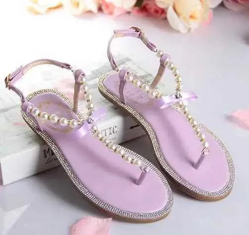 Sandals Women sandals new summer shoes flat pearl sandals comfortable string bead beach slippers casual sandals pink white blackL464