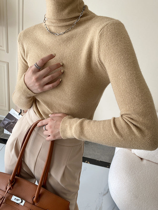 xakxx Simple Skinny Long Sleeves Solid Color High-Neck Pullovers